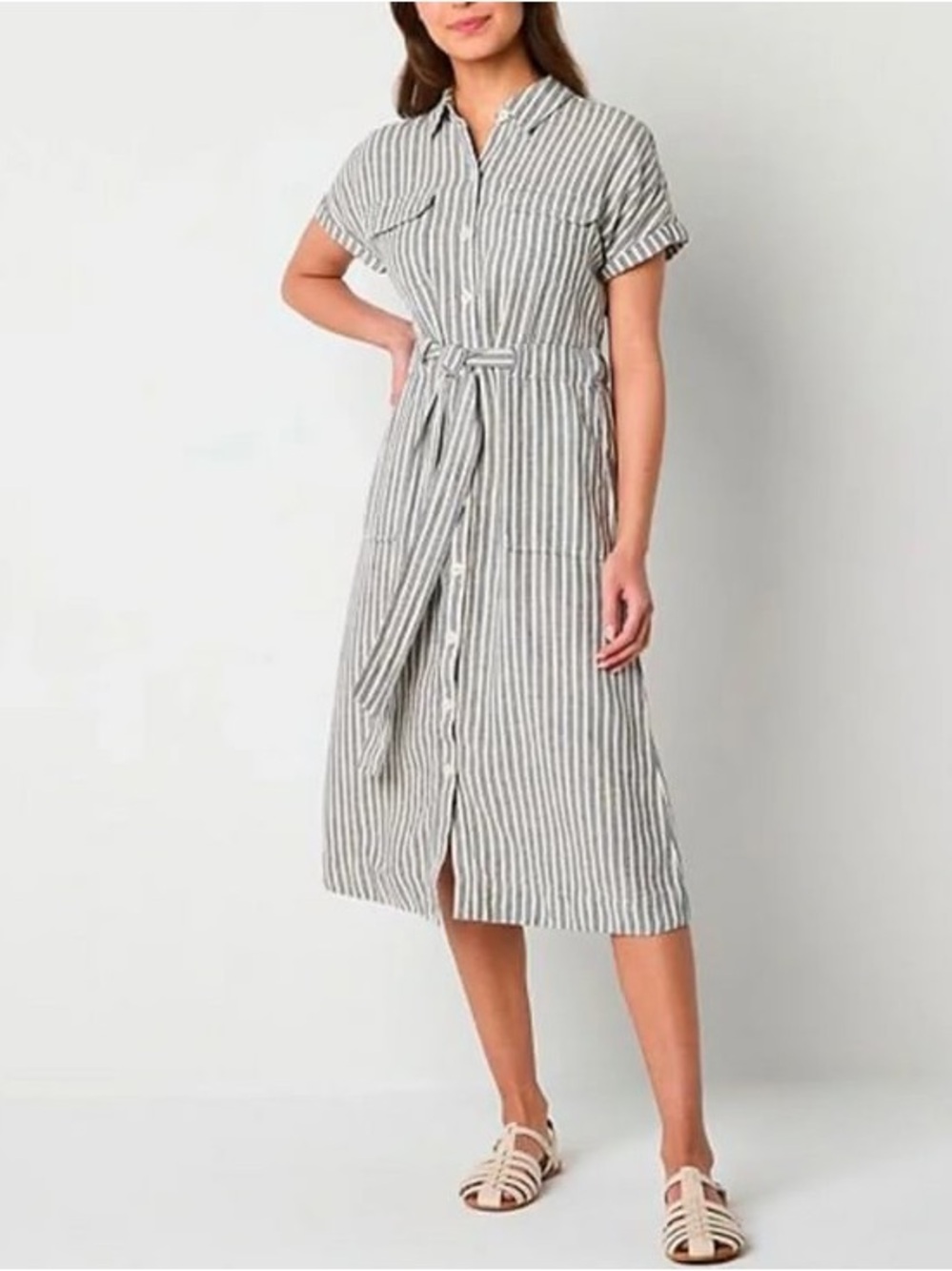 a.n.a White Navy Striped Shirt Midi Dress with Tie Waist - Linen Rayon, Pockets